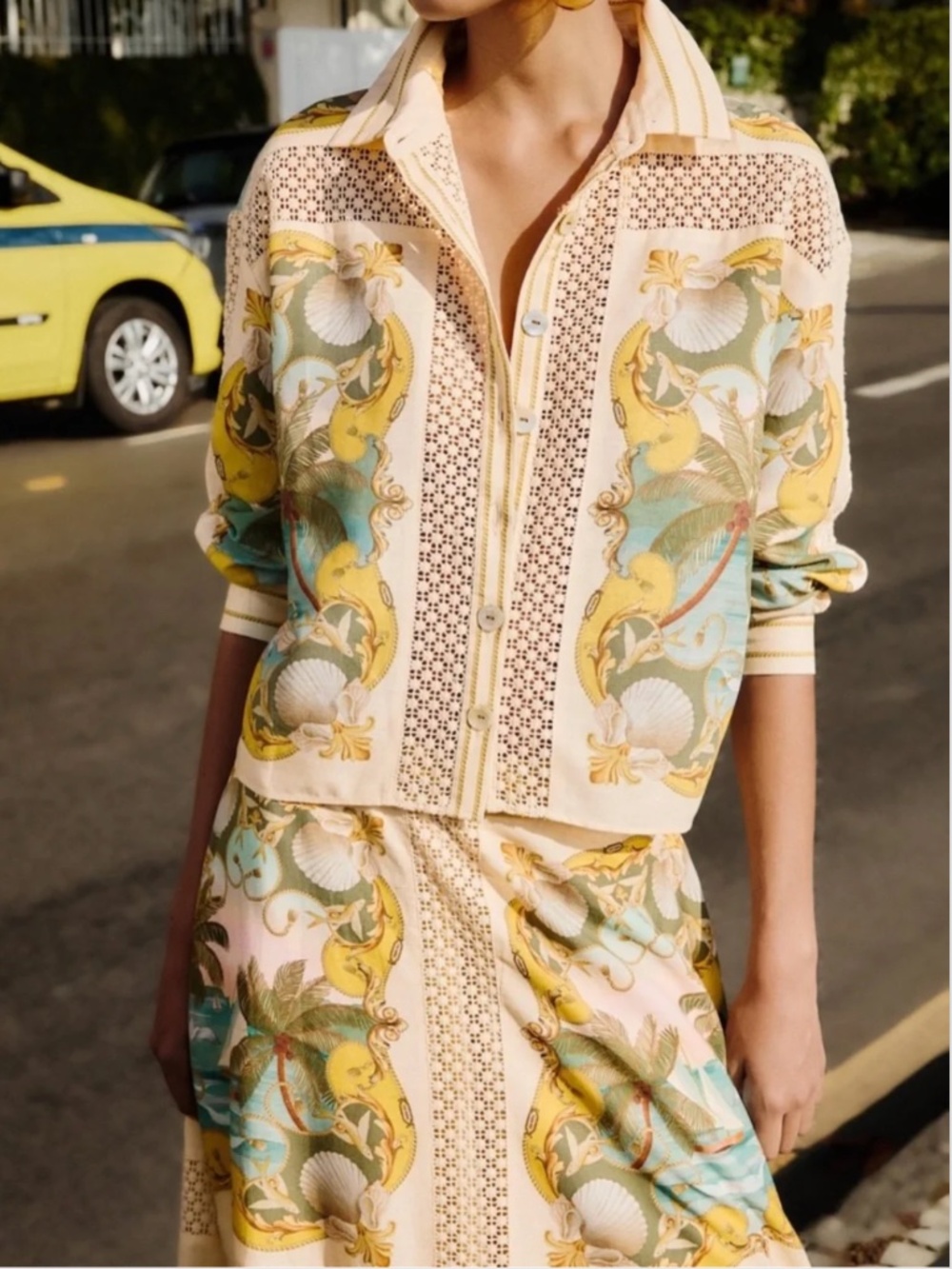 $248 NWT Farm Rio Sand Royal Sea Crochet Shirt Large